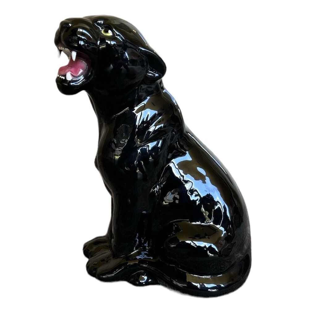 Hand Painted Large 1960s Italian Ceramic Black Panther Sculpture